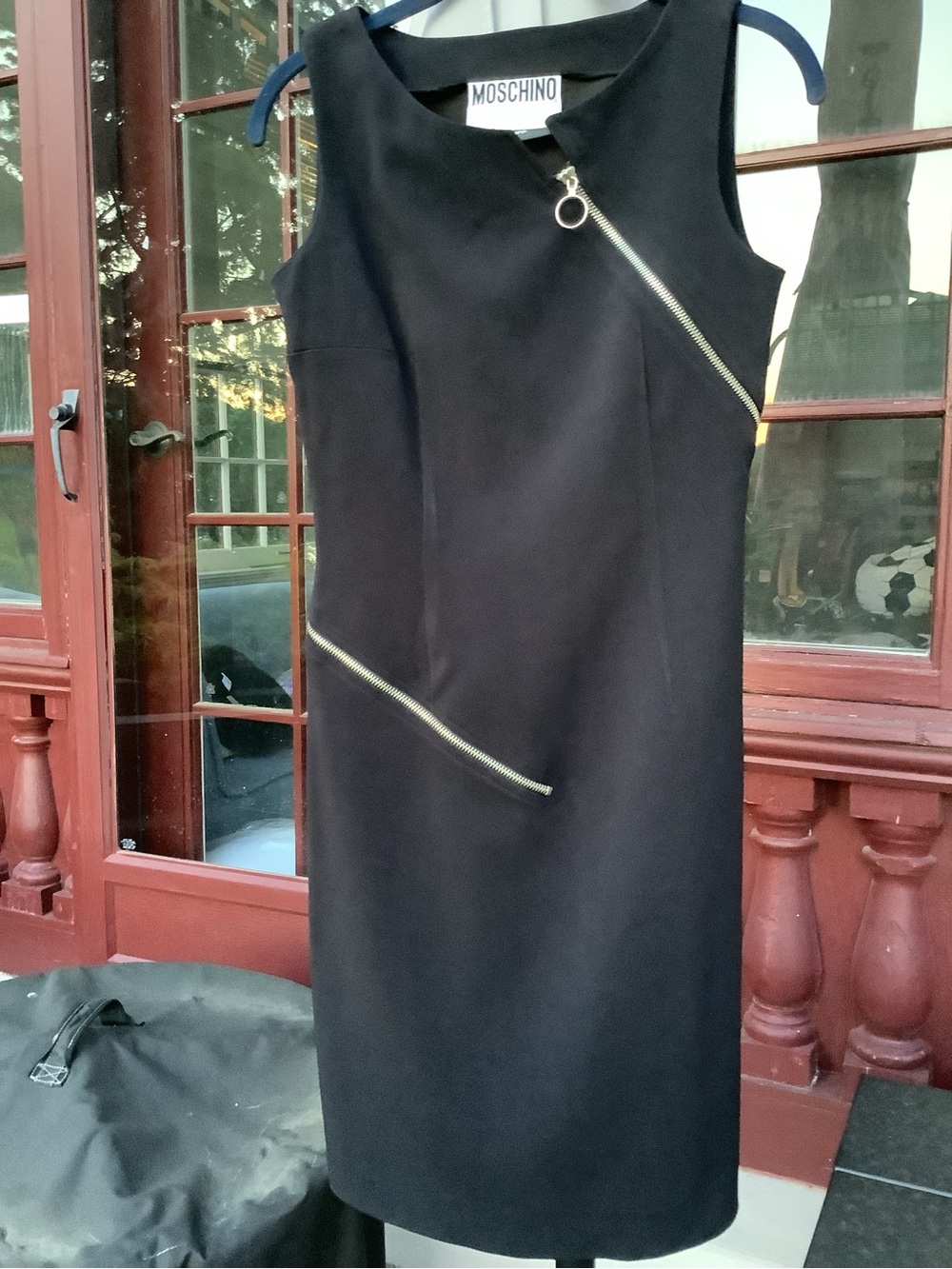 Moschino Black Midi Sheath Dress with Gold Zipper Accents